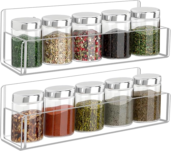 Acrylic Spice Rack Wall Mount - 9 Inch, Clear Spice Shelf Storage Holder, 2 Pack Hanging Seasoning Organizer for Cabinet Door, Cupboard or Wall Kitchen (Adhesive or Screw)