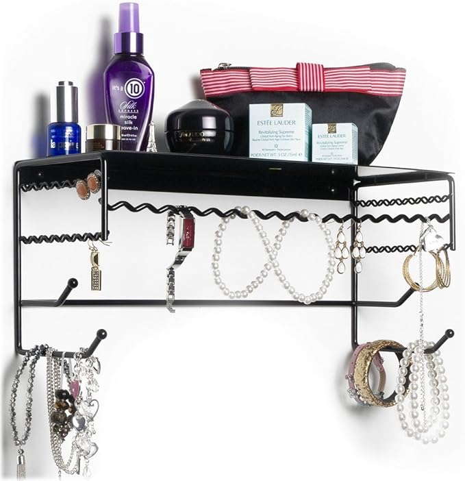 Mango Steam Black 17" Wall Mount Jewelry & Accessory Storage Rack Organizer Shelf for Earrings, Bracelets, Necklaces, & Hair Accessories