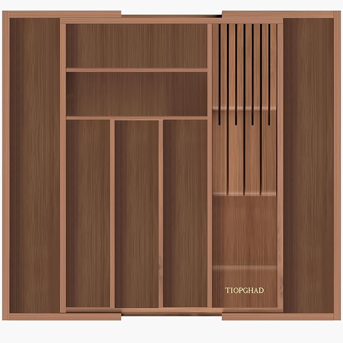 TIOPGHAD Bamboo-Silverware-Drawer-Organizer-Kitchen, Expandable Utensil Holder Cutlery Tray Flatware Organization Adjustable Wood Tableware Dividers Storage (with Removable Knife Block)(Brown)