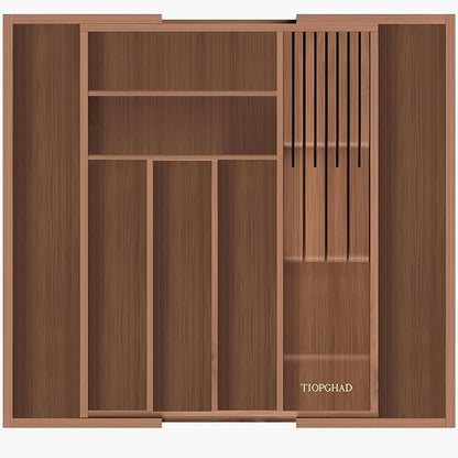 TIOPGHAD Bamboo-Silverware-Drawer-Organizer-Kitchen, Expandable Utensil Holder Cutlery Tray Flatware Organization Adjustable Wood Tableware Dividers Storage (with Removable Knife Block)(Brown)