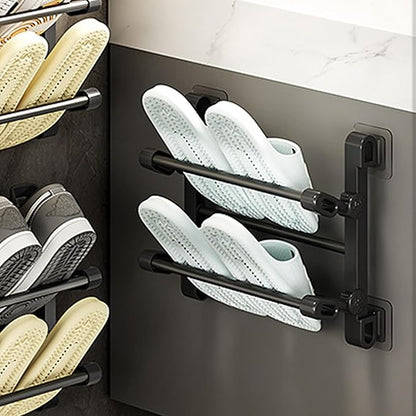 Wall Shoe Rack, 2-Tier Wall Mounted Shoe Rack 12 Inch, Foldable Galvanized Steel with Adhesive Hanger for Slippers, Sneakers, Hallway, Bathroom Storage Organizer, Holder for