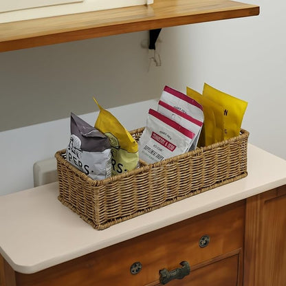 Waterproof Wicker Basket With 3 Compartments, Hand Woven Bathroom Counter Organizer, Small Storage Basket for Toilet Paper Storage, Countertop Shelf Toilet Tank (Light Brown)