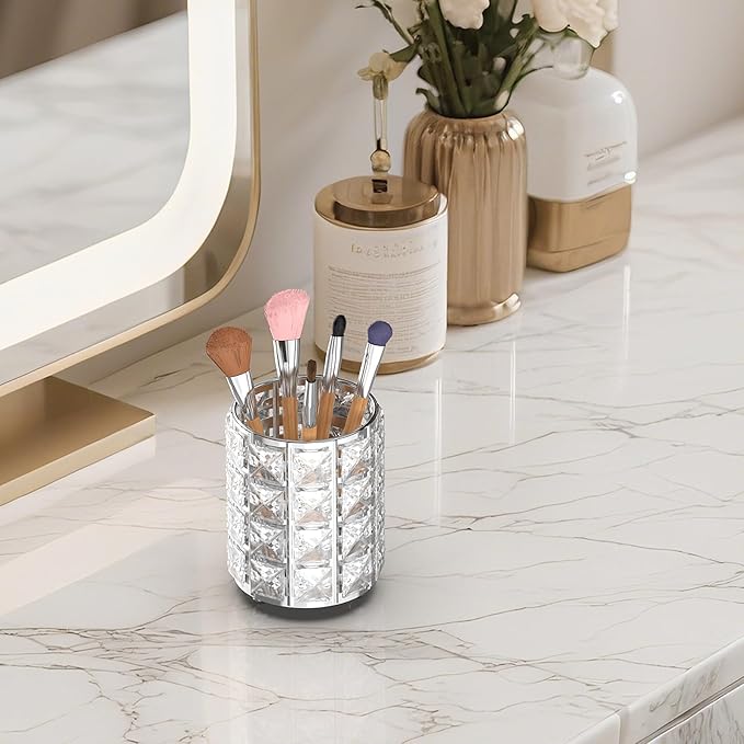 LUGUNU Makeup Brush Holder with Silver Crystal Bling – Elegant Vanity Organizer for Brushes, Pens & Pencils, Ideal for Bathroom or Office Countertop(2Pack)