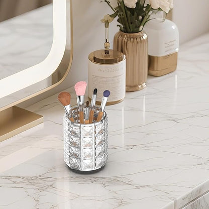 LUGUNU Makeup Brush Holder with Silver Crystal Bling – Elegant Vanity Organizer for Brushes, Pens & Pencils, Ideal for Bathroom or Office Countertop(2Pack)
