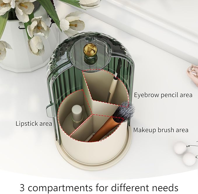 Makeup Brush Holder with Dustproof Cover 360 Rotating Makeup Brush Organizer for Vanity Bathroom, Green