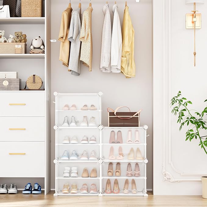 Shoe Rack Organizer 12 Tier Shoe Storage Cabinet with Door 96 Pair Tall Shoes Rack Expandable Free Standing Sturdy Plastic Easy Assembly Shoes Shelf for Closet Entryway Bedroom Hallway White