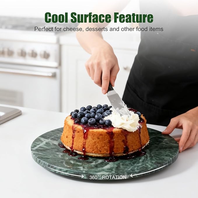 12" Marble Lazy Susan Turntable - 100% Natural Stone Round Serving Tray with Silent Spinning, Revolving Cake Stand & Cheese Board for Kitchen Countertop, Cupcake Table Display, Food, Seasoning (Green)