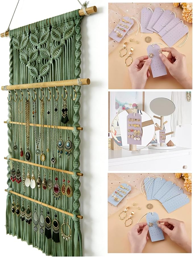 Macrame Jewelry Hanger, Hanging Jewelry Organizer,Boho Earring Holder Wall Mounted Necklace Holder, Tapestry Earrings Display, Bracelet Storage Minimalist Decor Tassel for Women Room (Sage Green)