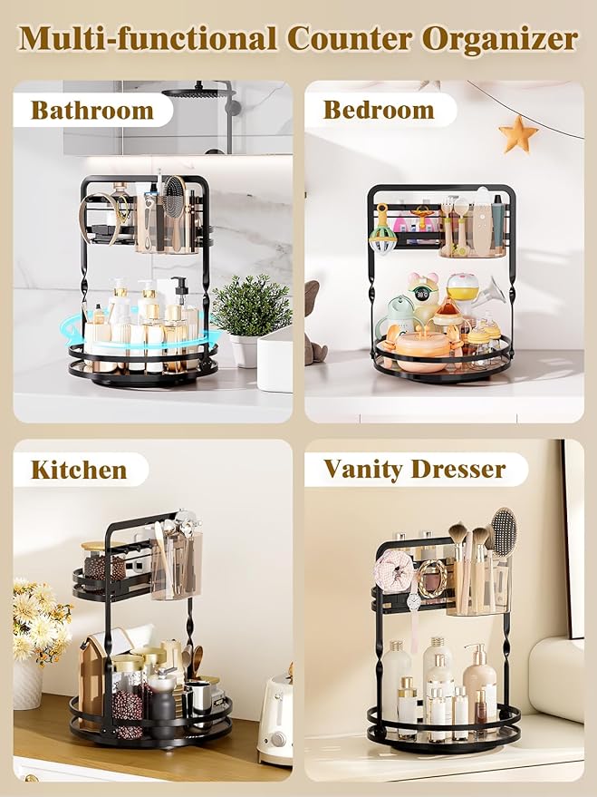 360 Rotating Makeup Organizer, Black Perfume Organizer for Dresser, 2-Tier Bathroom Countertop Organizer, Lazy Susan Skincare Storage, Spinning Vanity Tray with Jewelry Hooks & Brush Holder