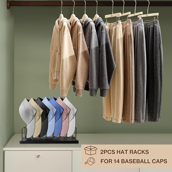 2X Hat Organizer for Baseball Caps - Wooden and Iron Hat Rack for 14 Caps, Tabletop Hat Holder - Hats Display & Storage, Hat Stand Baseball Cap Organizer for Closet, Bedroom, Dresser