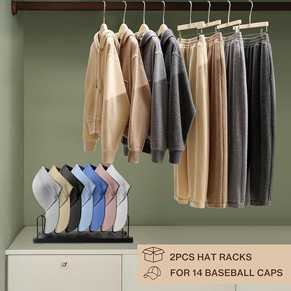 2X Hat Organizer for Baseball Caps - Wooden and Iron Hat Rack for 14 Caps, Tabletop Hat Holder - Hats Display & Storage, Hat Stand Baseball Cap Organizer for Closet, Bedroom, Dresser