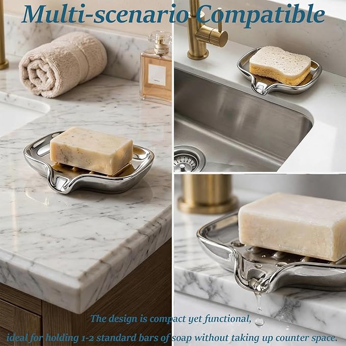 Silver-Plated Ceramic Soap Dish, Self-Draining Bar Soap Holder with U-Shaped Drainage, Decorative Soap Tray for Bathroom Shower & Kitchen Sink