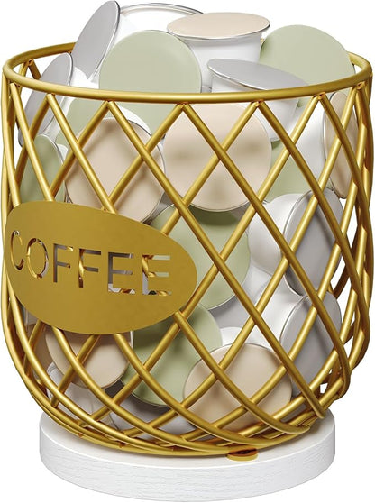 YATINEY Coffee Pod Holder Organizer, Holder for K Cup, Large Capacity Coffee Pod Basket, Versatile Coffee Capsule Storage Organizer, for Kitchen Countertop, Gold and White KH09DW