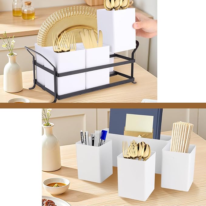 Silverware Caddy Metal Utensil Holder for Party Countertop Silverware Utensil Caddy Cutlery Flatware Organizer for Spoons Forks Plates Napkins white&Black