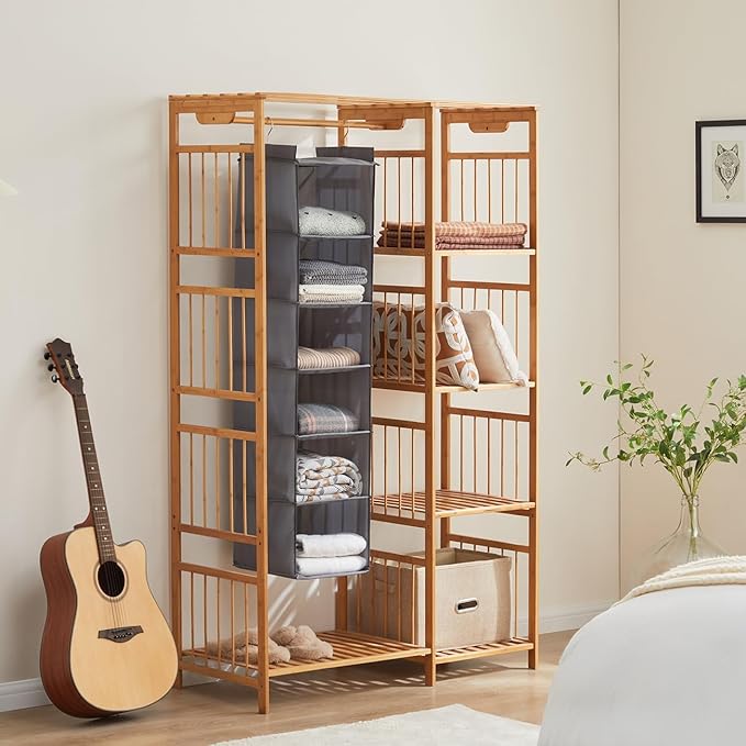 YOUDENOVA Hanging Closet Organizer and Storage, 6-Shelf Closet Hanging Storage Shelves, Grey
