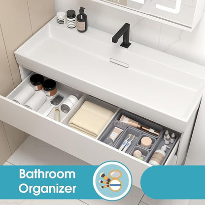 6 PCS Drawer Organizer Set, 3 Size Makeup Drawer Divider Organizer With Non-Slip Pads, Interlocking Plastic Storage Bins for Office,Jewelry Vanity,Gadgets, Bathroom,Kitchen, Grey