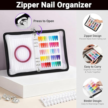 Segbeauty Nail Polish Color Swatches with Zipper, Nail Display Book A5 Binder, Press On Nails Stand with 240 Fake Nails, Polish Swatches Color Display Book Organizer Art Salon Supplies Storage Black