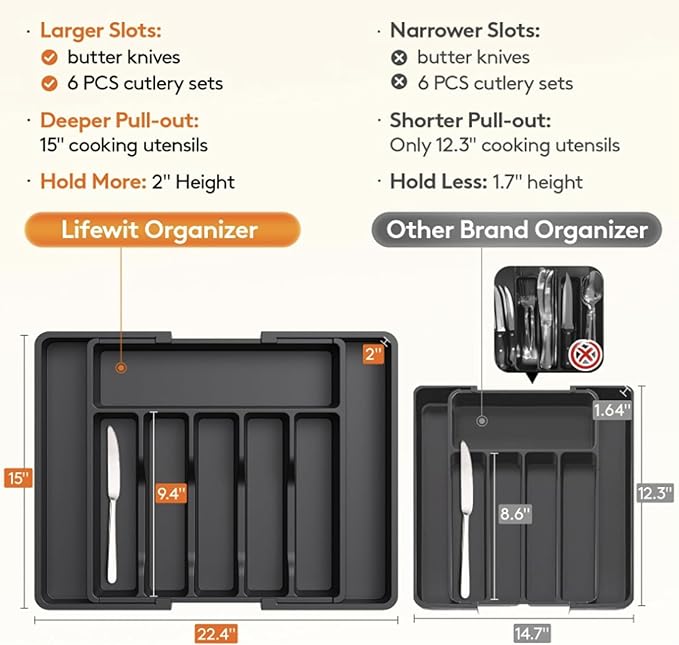 Vallary Expandable Silverware Drawer Organizer – Large BPA-Free Utensil Tray for Kitchen | Adjustable Cutlery Holder for Spoons, Forks, Knives | Plastic Flatware Storage, Black