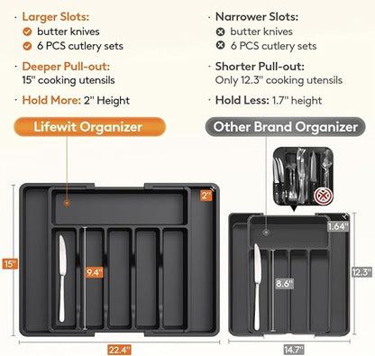 Vallary Expandable Silverware Drawer Organizer – Large BPA-Free Utensil Tray for Kitchen | Adjustable Cutlery Holder for Spoons, Forks, Knives | Plastic Flatware Storage, Black