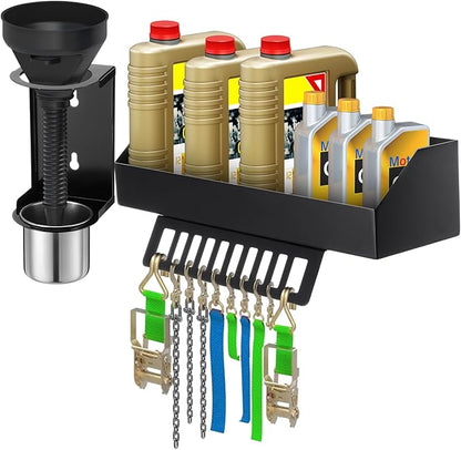 Zonon 6 Quart Motor Oil Bottle Holder Oil Bottle Storage Rack with Funnel Holder Organizer Wall Mount for Shed Garage, Pegboard, Workshop, Home, Enclosed Race Trailer Shop, Fit Most of Storage Tool