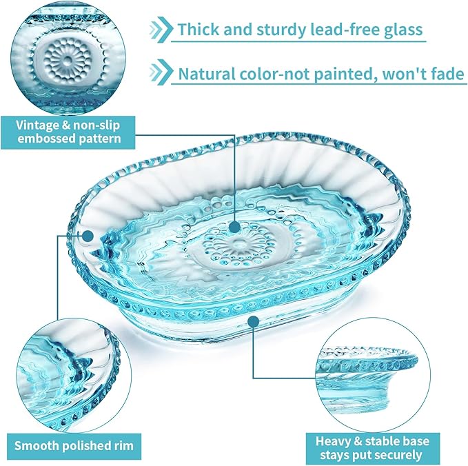 Glass Soap Dish, Vintage Embossed Bar Soap Holder, Decorative Soap Saver Tray for Shower, Bathtub, Bathroom and Kitchen Sink