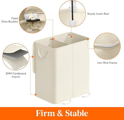 Lifewit Double Laundry Hamper with Lid and Removable Laundry Bags, Large Collapsible 2 Dividers Dirty Clothes Basket with Handles for Bedroom Laundry Room Closet Bathroom College, 155L Ivory White