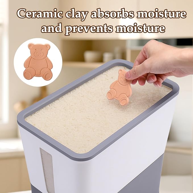 Juome 20-25 Lbs Rice Dispenser with Moisture Absorbing Clay - Large Rice Storage Container with Measuring Cup, Sealed Food Storage Containers with Lids, Rice Holder for Kitchen Pantry Household