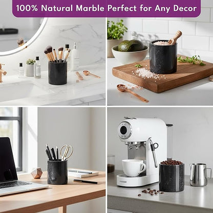 Black Marble Qtip Holder for Bathroom 4" Canister with Lid for Cotton Swabs, Balls, Pads, Floss Picks, Bath Salts - Vanity Makeup Storage Organizer Bathroom Essentials Accessories Decor