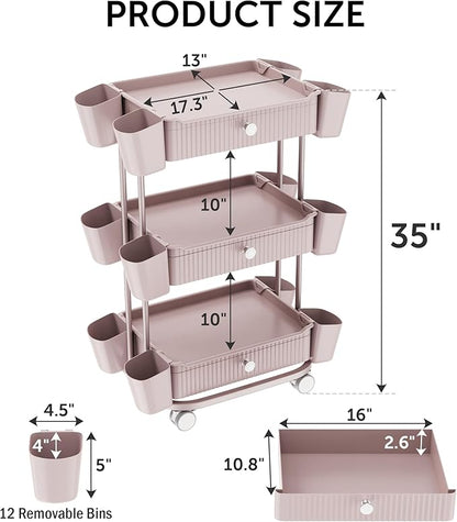3 Tier Drawer Beauty Cart with 12 Movable Storage Organizer, Thickened ABS & 360° Wheels for Salon Station for Hair Stylist, Beauty Salon, Spa Massage Parlor, Makeup Organizer and More - Pink