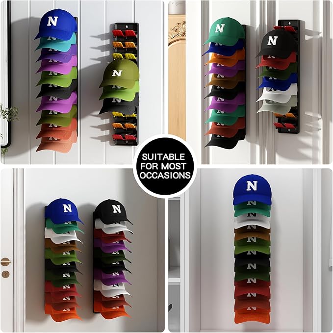 Hat Organizer for Baseball Caps, 2 Pack Wall Mount Hat Rack with Spring Clips, Holds 20 Caps, Black Hat Holder for Closet Door