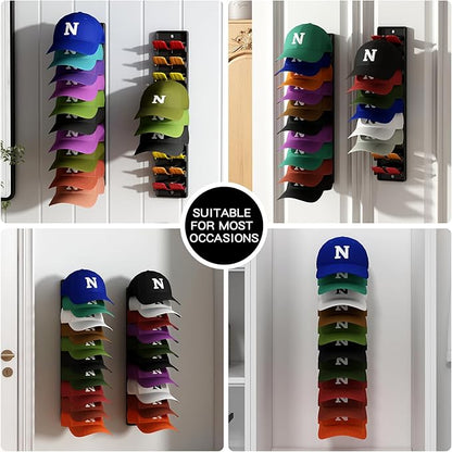 Hat Organizer for Baseball Caps, 2 Pack Wall Mount Hat Rack with Spring Clips, Holds 20 Caps, Black Hat Holder for Closet Door