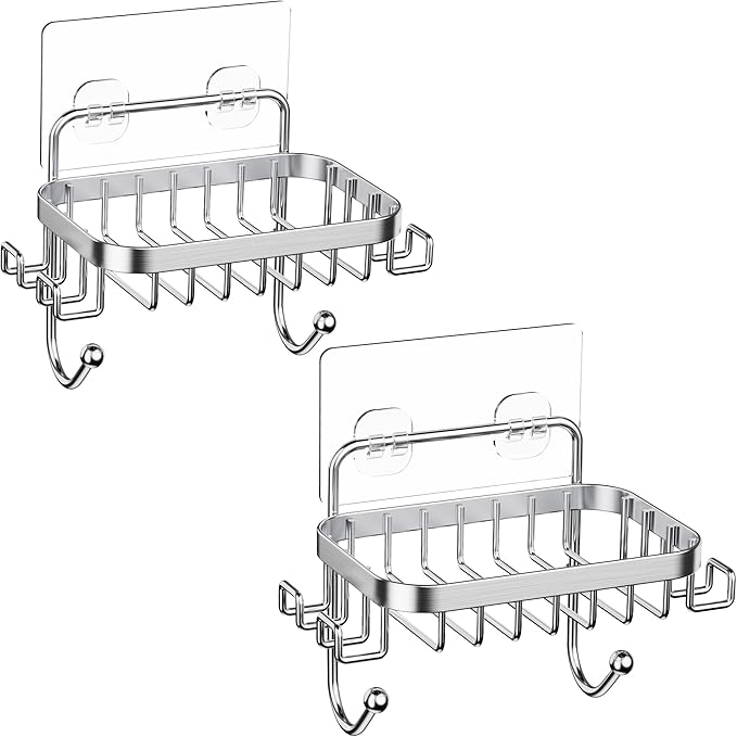 ODesign Soap Dish Holder SUS304 Stainless Steel with 6 Hooks Loofah Bath Sponge Towel Razor Holder for Bathroom Shower Kitchen Adhesive Wall Mounted No Drilling-Silver-2 Pack