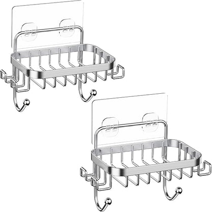 ODesign Soap Dish Holder SUS304 Stainless Steel with 6 Hooks Loofah Bath Sponge Towel Razor Holder for Bathroom Shower Kitchen Adhesive Wall Mounted No Drilling-Silver-2 Pack