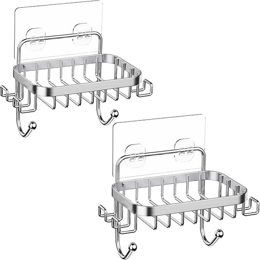 ODesign Soap Dish Holder SUS304 Stainless Steel with 6 Hooks Loofah Bath Sponge Towel Razor Holder for Bathroom Shower Kitchen Adhesive Wall Mounted No Drilling-Silver-2 Pack