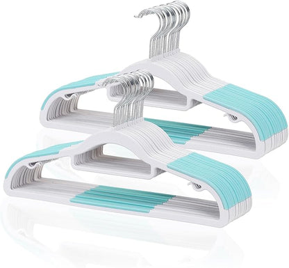 Tonswachic Pack of 30 Coat Hangers, Space-Saving Plastic Clothes Hangers, Non-Slip, 0.2 Inches Slim, 360° Swivel Silver Hook for Shirts, Pants, Suit & Wet/Dry Garments, Blue and White