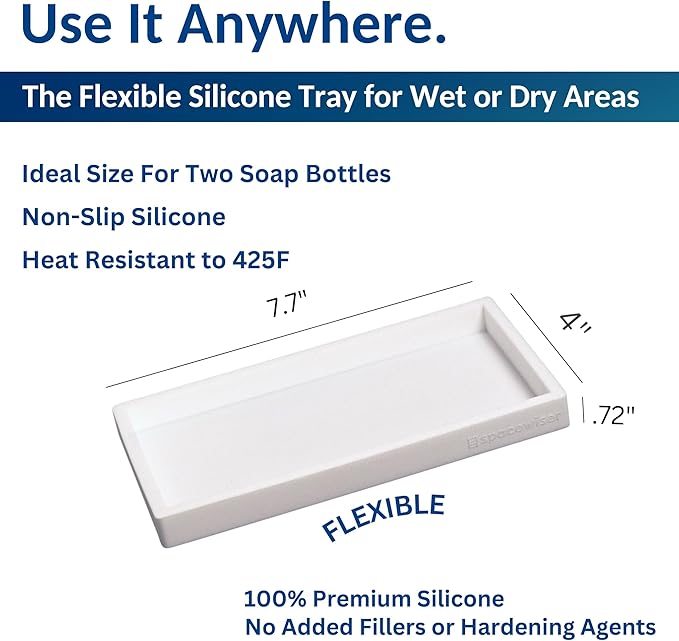 Spacewiser Countertop and Vanity Tray - Small 7.7” Silicone Tray for Soap Dispenser, Bathroom Trays, Dish Soap Trays for Kitchen Counter, Sink Caddy Sinks Organizer, Soaps Dish & Sponge Holder, White