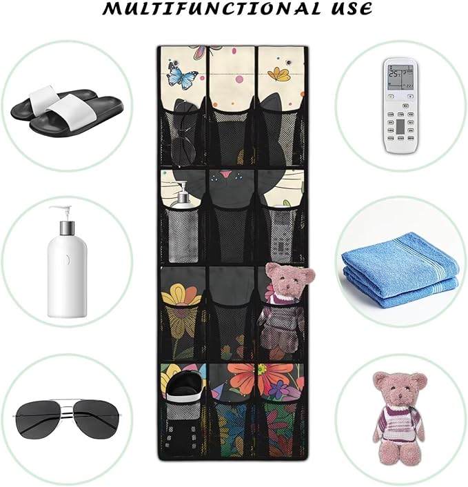 Cute Cat Door Hanging Shoe Organizer Mesh Fabric Over The Door Shoe Organizer for Closet 12 Pockets Butterfly Wall Hanging Storage Space Saving Shoe Holder Hanger for Kids Room