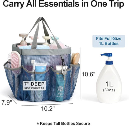 F-color Mesh Shower Caddy Portable - Navy Blue, Upgrade Deeper 7 Pockets Shower Bag Basket Tote for College Dorm Room Toiletry Bathroom Essentials Gym Camp Quick Dry 2 handles with S Hook