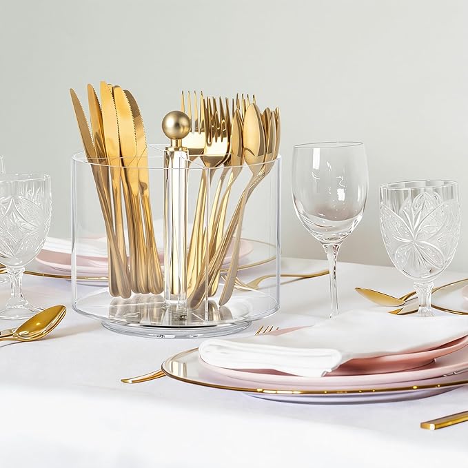 360° Rotating Acrylic Utensil Caddy, Silverware Caddy Countertop, Flatware Cutlery Holder with 4 Compartment