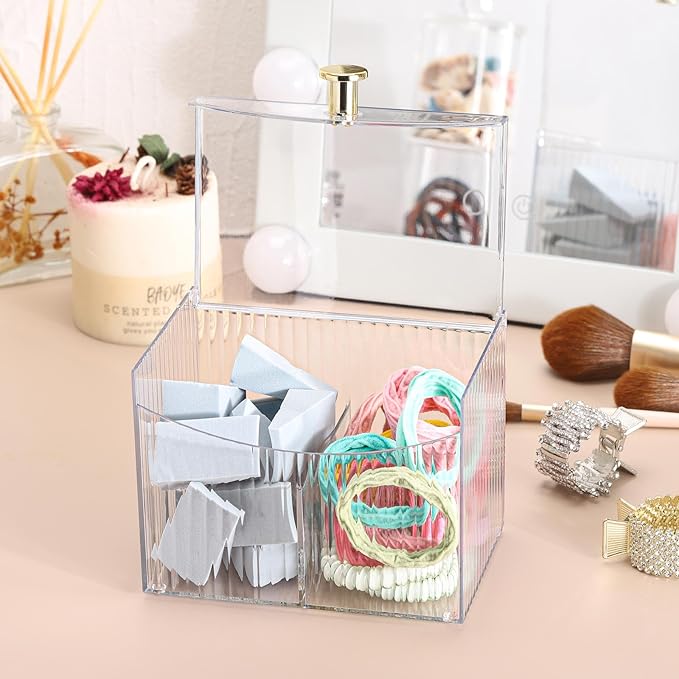Tbestmax Qtip Holder Dispenser 2-Section Clear Bathroom Organizer 2 Grids Cotton Swab/Pad/Ball Holder Container Cosmetics Storage for Vanity