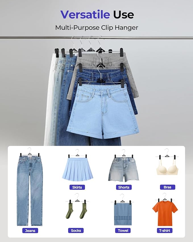 NORTHERN BROTHERS Pants Skirt Hangers 50 Pack - Stackable Space Saving Jeans Shorts Hanger with Clips for Kid, Man, Women, Children, Baby