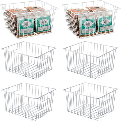 6 Pack Wire Storage Baskets for Organizing, Freezer Organizer Bins, Pantry Organization Bins Cabinets - Metal Basket Kitchen, Laundry, Fridge, Bathroom Countertop Organizer, Pearl White