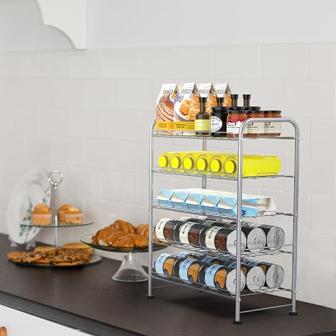 BTY 5 Tier Water Bottle Organizer Small Water Bottle Holder Stand Freestanding Metal Bottled Water Rack Dispenser for Kitchen, Pantry Organization and Storage, Silver