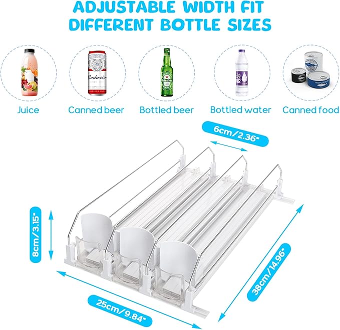 Longzhuo Drink Organizer for Fridge,Automatic Smooth Pusher Glide Fridge Organizer, Soda Dispenser with Width Adjustable, Beverage Organizer for Freezers, Supermarkets, Retail Stores