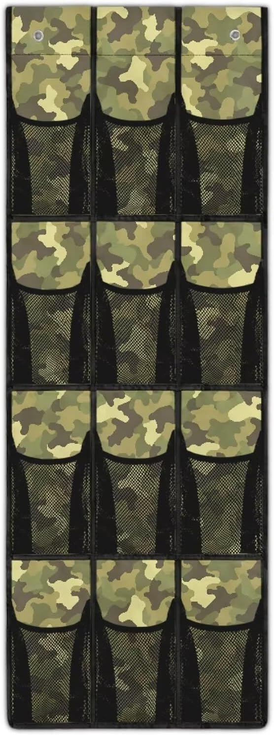 Over the Door Shoe Organizer 12 Large Pockets Green Camouflage Hanging Shoe Organizer for Closet Sturdy Oxford Fabric Door Shoe Organizer