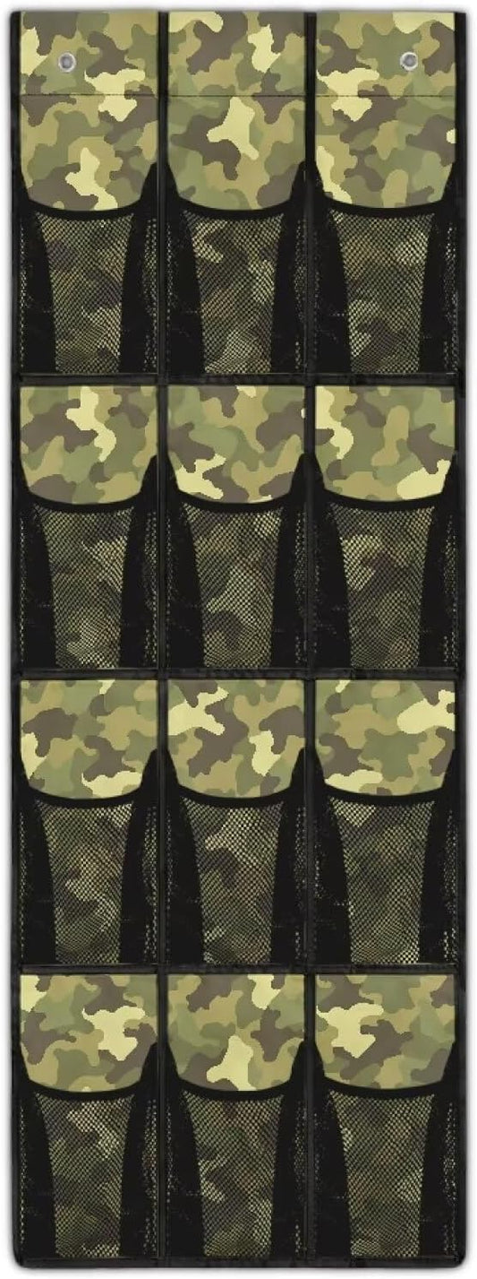 Over the Door Shoe Organizer 12 Large Pockets Green Camouflage Hanging Shoe Organizer for Closet Sturdy Oxford Fabric Door Shoe Organizer