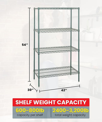 QUANTUM STORAGE SYSTEMS WR54-3042P Starter Kit Wire Shelves Green Epoxy 4 Shelves 54" H x 42" W x 30" D