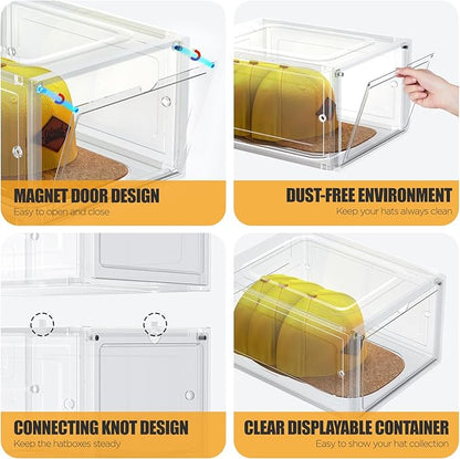 SCAVATA Hat Organizer Box, Stackable Clear Baseball Caps Holder Box Containers with Magnetic Door for Hats Snapback Cap Storag, Hat Rack Display Case, Holds 8 Hats Each (Clear, 2 Pack)