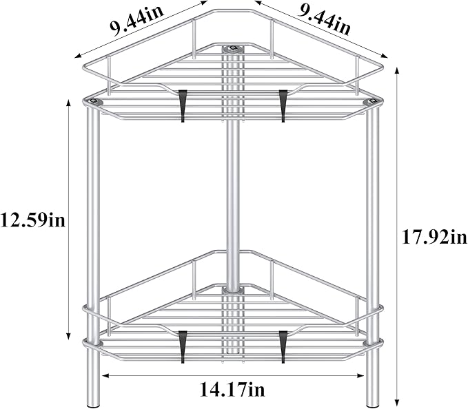 HuggieGems 2 Tier Floor Standing Corner Shower Caddy Organizer Shelf with Hooks, Bathroom Shelves Stand Rack, Silver