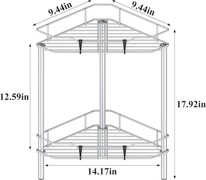 HuggieGems 2 Tier Floor Standing Corner Shower Caddy Organizer Shelf with Hooks, Bathroom Shelves Stand Rack, Silver